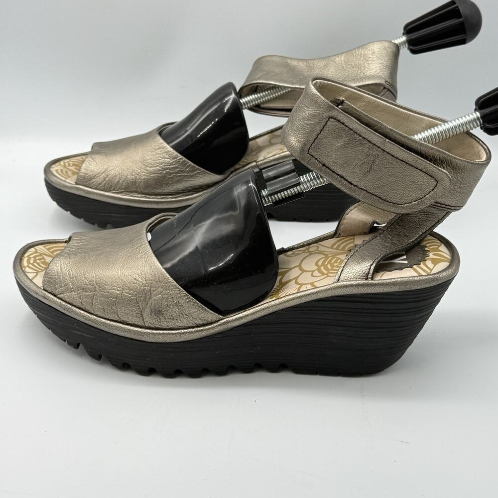 Fly London YULA SIZE 6.5/37 Wedge Metallic Silver Ankle Strap Leather Shoes